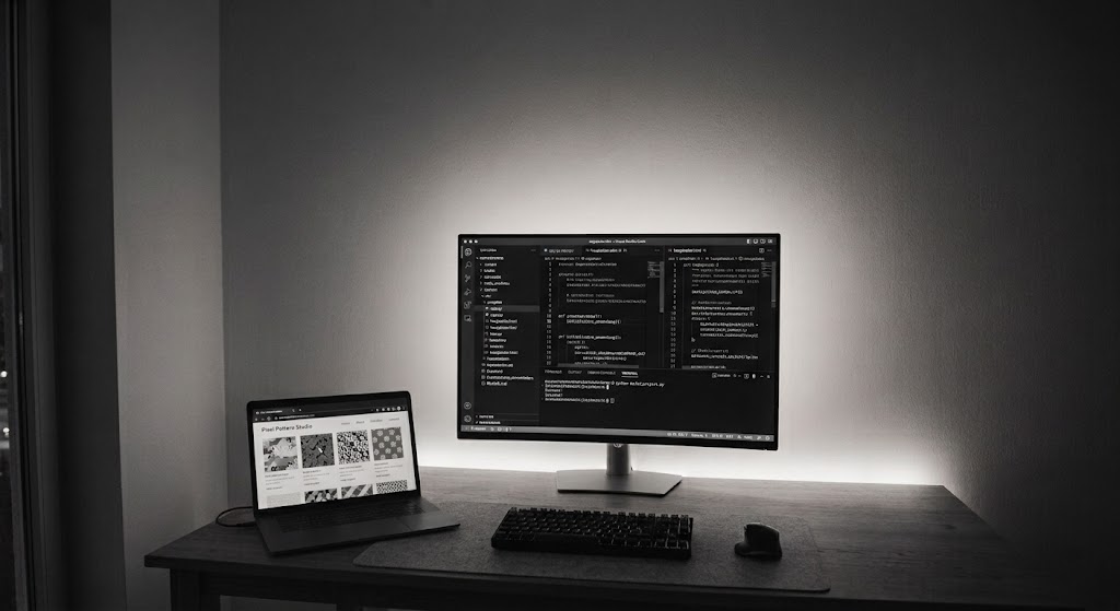 Dunkler Arbeitsplatz mit Monitor und Laptop, auf denen eine Website entsteht